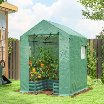The Range Outsunny Small Greenhouse with Raised Garden Bed, Roll Up Windows - Green