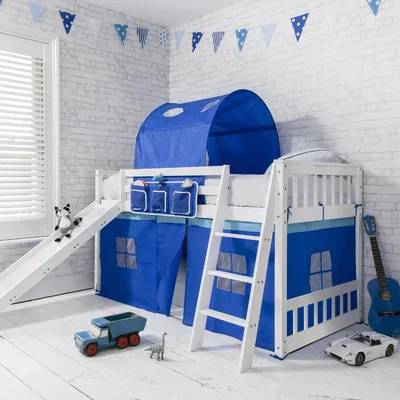 The Range Tuva Low Cabin Bed with Bunk and Slide in White - Blue