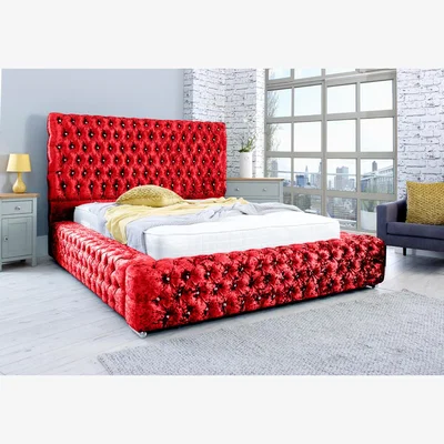 The Range Enigma Crush 4 Inch Solid Thick Bed Frame With Chesterfield Headboard - Red / Single