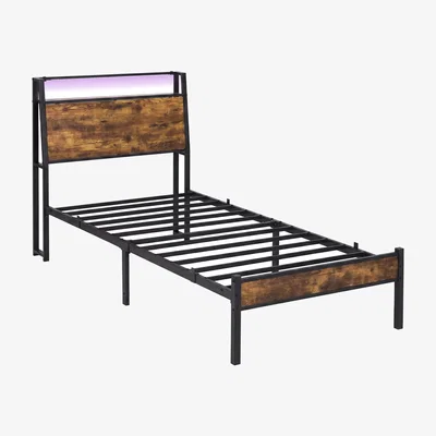 The Range Single Bed Frame Platform Storage Headboard Charging Station LED Light - Brown