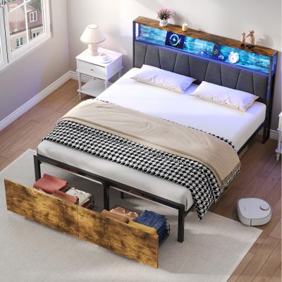 The Range Double Bed Frame with RGB LED Storage Headboard - Dark Walnut
