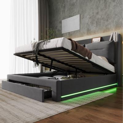The Range Upholstered King Bed with Hydraulic Storage, LED, Slatted Frame - Grey