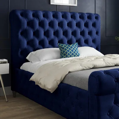 The Range Nestling Sleigh Upholstered Velvet Bed Frame - Blue / Single