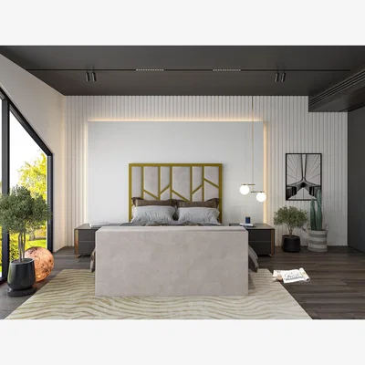 The Range Anji Luxe Metal TV Bed Frame - Plush Velvet Fabric - Pebble / Double