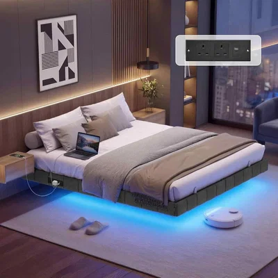 The Range Floating King Bed Frame with LED Lights and Charging Station, Upholstered Platform Bed, Slate Grey - Slate Grey