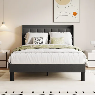 The Range Modern Upholstered Platform Bed Frame with Tufted Headboard - Grey / Double