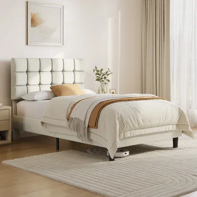 The Range Yaheetech Upholstered Platform Bed with Square Tufted Headboard - Beige / Small Double