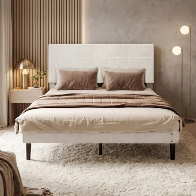 The Range King Bed Frame Upholstered Headboard Platform Velvet Foam White Fabric - White