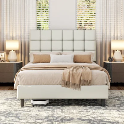 The Range Yaheetech PU Leather Upholstered Platform Bed with Square Tufted Headboard - Cream / Double