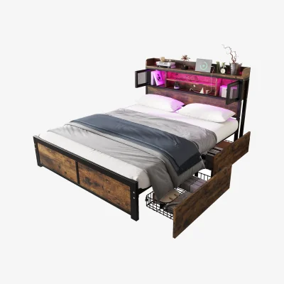 The Range 2 Drawer Metal Bed with LED Light Strip - Brown / Double