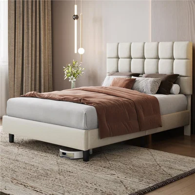 The Range Upholstered Bed Frame with Square Tufted Headboard - Beige / Double