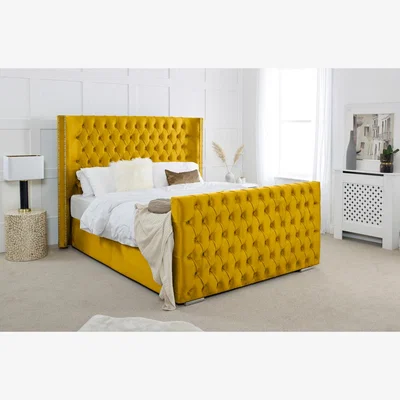 The Range Meila Plush 4 Inch Solid Thick Bed Frame With Winged Headboard - Mustard Gold / King