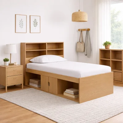 The Range Low Single 3ft Cabin Bed with Bookcase Headboard, Oak Effect - Brown