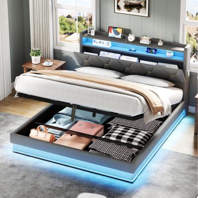 The Range Double Upholstered Bed Frame with Hydraulic Storage and LED Headboard - Grey