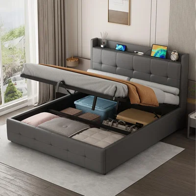 The Range PU Leather King Upholstered Bed Frame with Hydraulic Storage - Grey