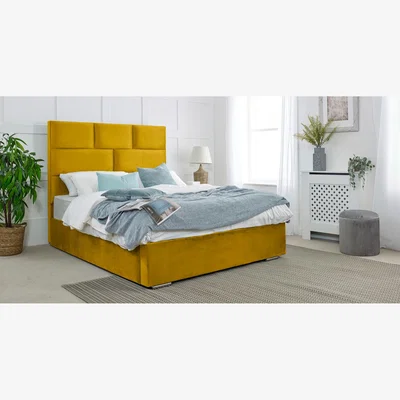 The Range Hampton Plush 4 Inch Solid Thick Bed Frame With Lined Headboard - Mustard Gold / King