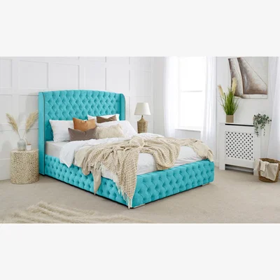 The Range Reily Plush 4 Inch Solid Thick Bed Frame With Winged Headboard - Teal / Double