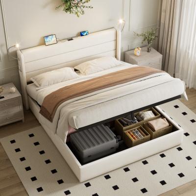 The Range Upholstered Linen Hydraulic Bed with Adjustable LED Reading Light - Beige / Double