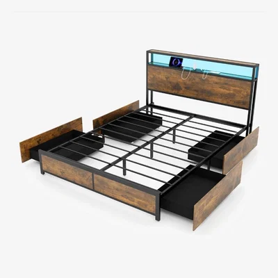 The Range King Size Bed Frame with LED Lights Headboard - Black