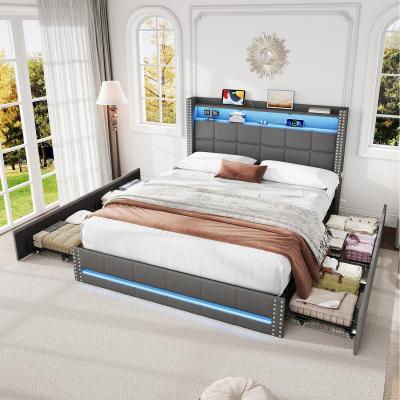 The Range Upholstered Bed with Storage Drawers and Charging Station - Grey