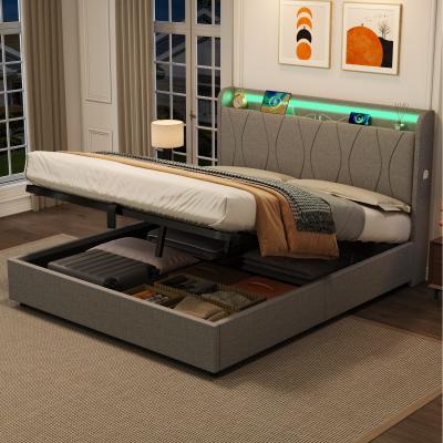 The Range Upholstered Bed Frame with Hydraulic Storage, LED Headboard - Grey