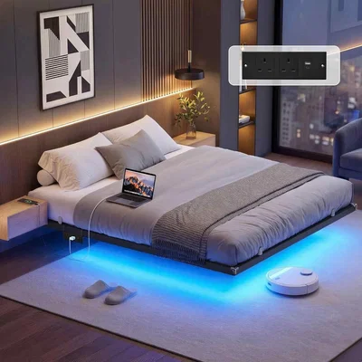 The Range King Floating Platform Bed with LED Lighting and Movable Charging Station, Ink Black - Matte Black
