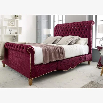 The Range Epsol Crush 4 inch solid thick Bed Frame with Chesterfield Headboard - Burgundy / Small Double