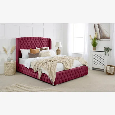 The Range Reily Plush 4 Inch Solid Thick Bed Frame With Winged Headboard - Maroon / Small Double