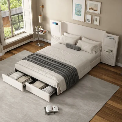 The Range Upholstered Bed with Sturdy Headboard - Beige