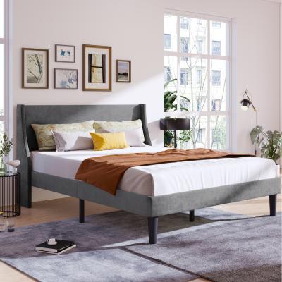 The Range Upholstered Bed with Winged Headboard, Wood Slat Support - Grey