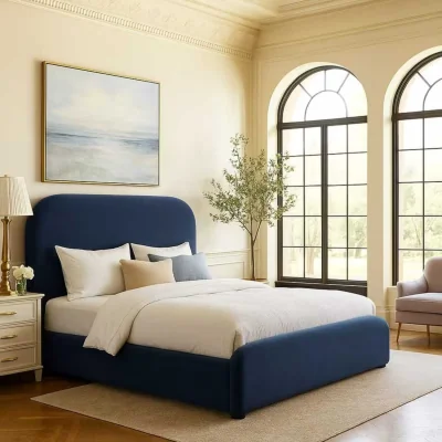 The Range Premium Upholstered Bed Frame With Curved Headboard - Blue / King