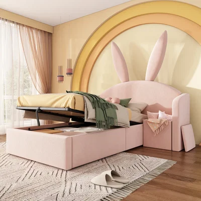 The Range Bunny Ears Single Upholstered Bed with Storage and Nightstand - Pink