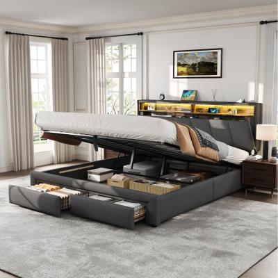 The Range King Upholstered Bed Frame with Hydraulic and Drawers Storage, - Grey