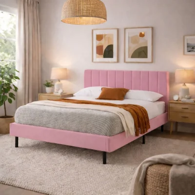 The Range Aspire Verona Plush Velvet Bed Frame with Padded Headboard, Upholstered Platform Bed - Pink