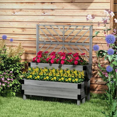 The Range Outsunny 2-Tier Wooden Raised Bed with Trellis  Grey - Grey
