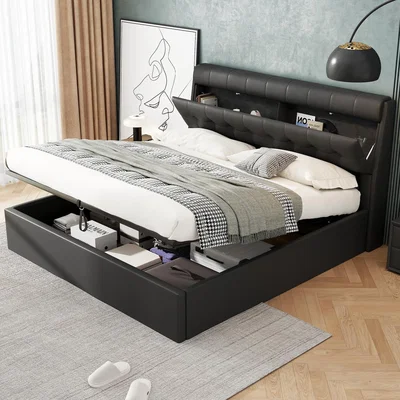 The Range Fashion Upholstered Bed with Concealed Headboard Storage - Black / Double