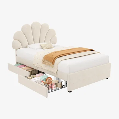 The Range Velvet Single Bed Frame with Petal Headboard and Storage Drawers - White