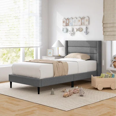 The Range Linen Upholstered Platform Bed - Grey / Single