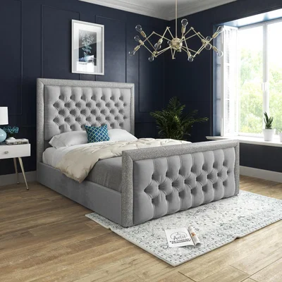 The Range Rincon Glitter Border Upholstered Velvet Bed Frame - Grey / Single