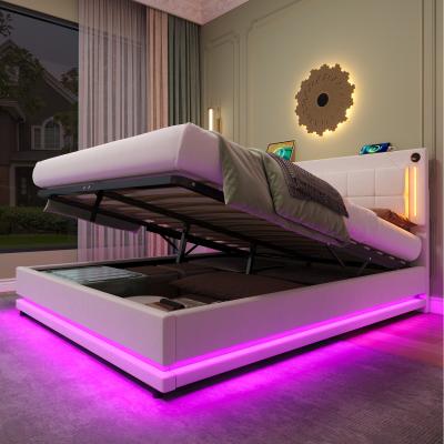 The Range LED Hydraulic Bed with Charging Station, Soft Velvet Bed - Beige / King