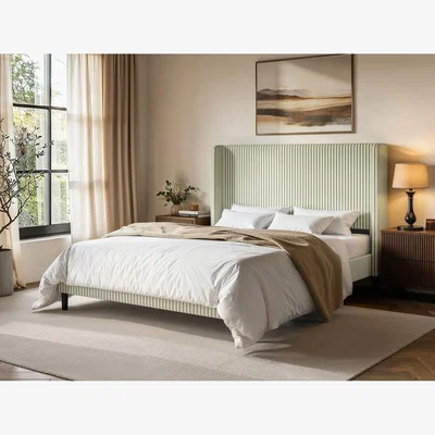 The Range Jovanna Striped Bed Frame with Winged Headboard - Green / Double