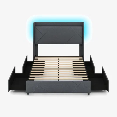 The Range Upholstered Platform Bed with Charging Station - Grey