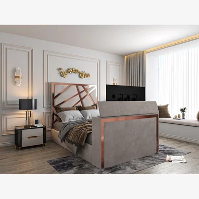 The Range Rayleigh Upholstered Soft Velvet Tv Bed Frame - Plush Velvet Fabric - Pebble / King