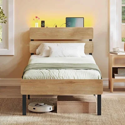 The Range Single Metal Bed Frame with LED Headboard, USB and Type-C Charging Ports, Natural Brown - Natural Brown