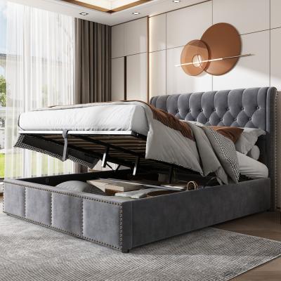 The Range Upholstered Bed with Hydraulic Lever and Rivet Decoration - Grey / Superking