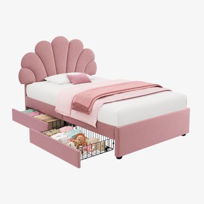 The Range Velvet Single Bed Frame with Petal Headboard and Storage Drawers - Pink