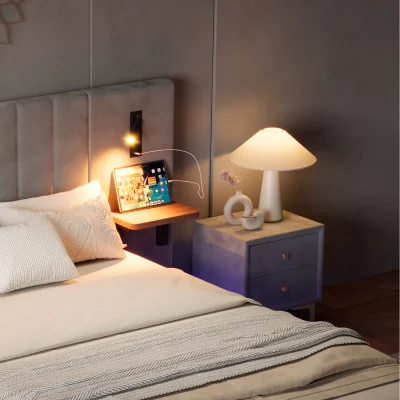 The Range Bed with 2 Bedside Lamps and Headboard Storage Function - grey / Double