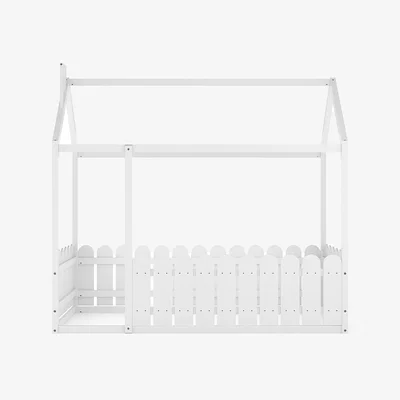 The Range Kidkid Bed Frame House Design with Fence and Roof - White