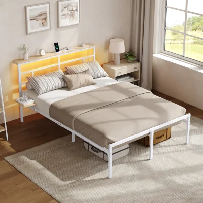 The Range Yaheetech Metal Bed Frame with LED Headboard and Charging Station - White / 152cm