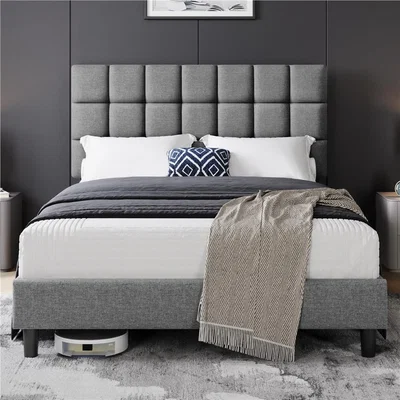 The Range Upholstered Bed Frame with Square Tufted Headboard - Light Grey / King